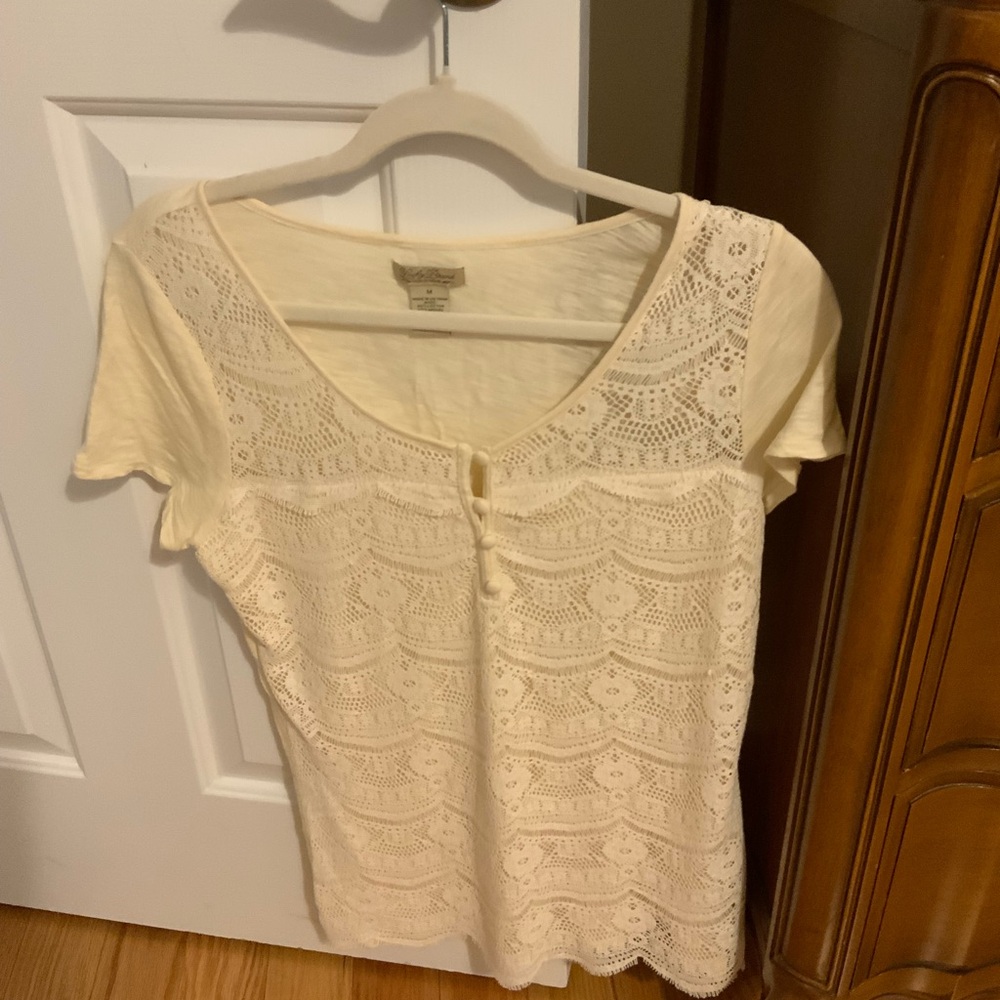 Lucky Brand Cream Fitted Embellished Blouse